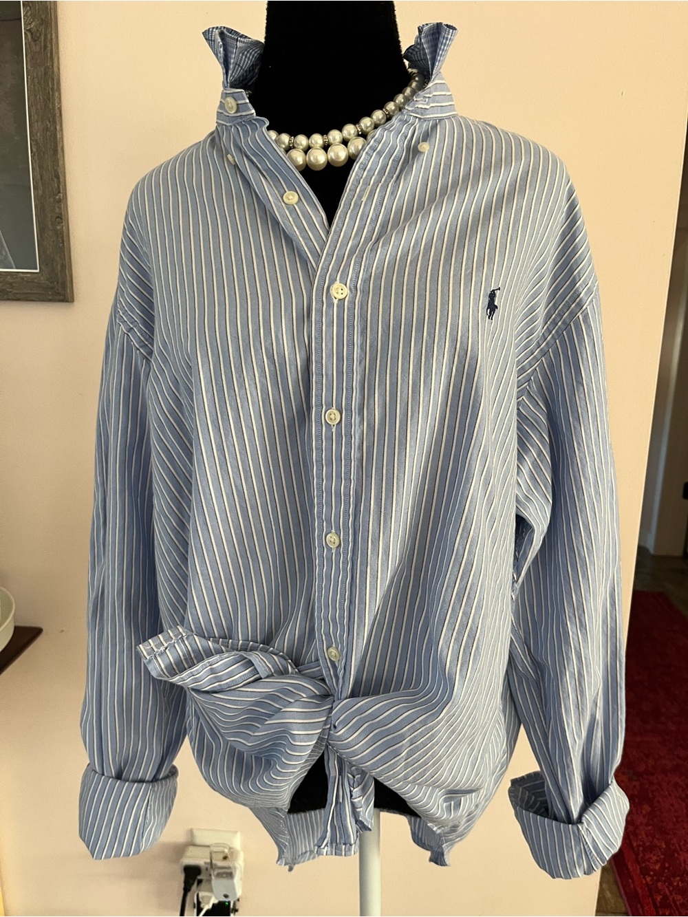 Refashioned Ralph Lauren Light Blue White Striped Button-Down Ruffle Collar